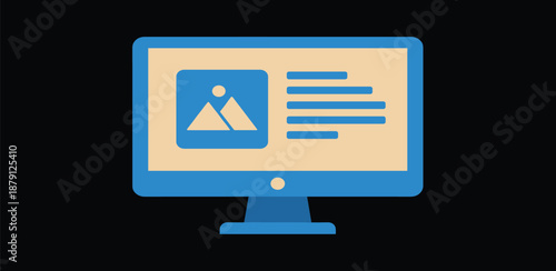 Modern flat design icon illustrating a computer monitor displaying a dynamic web page with image and text elements, representing digital content, online browsing, and technology