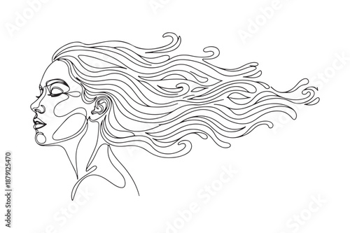 Continuous line drawing of a woman with long flowing hair