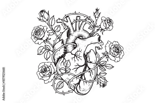 Anatomical heart with roses and thorns vintage tattoo style