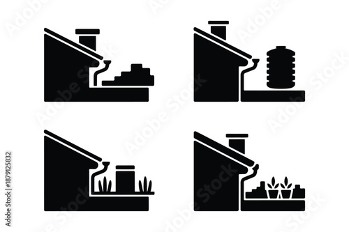 Icons showing rainwater collection systems for sustainable homes
