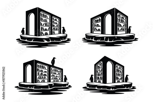 Surreal library building on icebergs with penguin silhouettes
