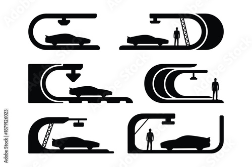 Futuristic Car Garage and Vehicle Charging Pod Silhouettes