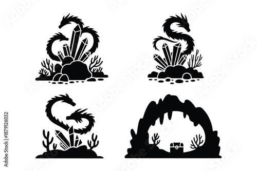 Dragon silhouettes with magic crystals and treasure cave icons