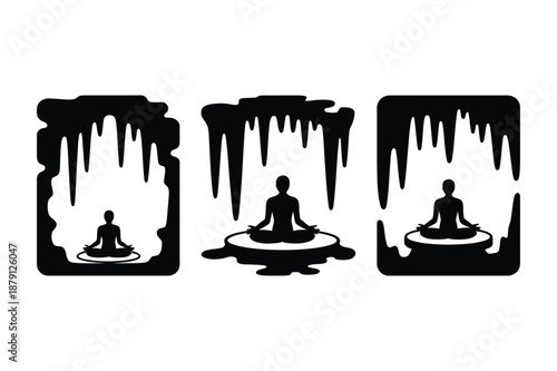 Meditation silhouettes in cave with stalactites zen icons set