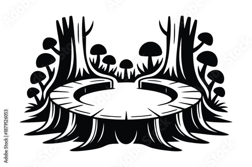 Fairy forest platform with tree stump and mushrooms silhouette