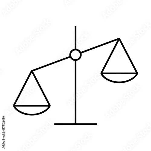 Minimalist scales of justice icon in thin black line style. Symmetrical balance symbol isolated on white background.