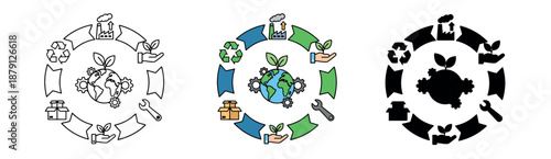 Sustainable development and circular economy infographics set in outline, color, and silhouette styles. Icons for global eco-industrial cycles.