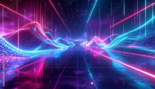 Neon Abstract Landscape: A mesmerizing digital landscape glows with vibrant neon lights, the geometric lines and flowing shapes creating a sense of futuristic wonder.