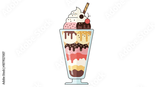 Illustration of a layered sundae dessert in a tall glass with whipped cream and toppings on a plain white background.