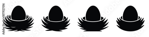 Bird Nest with Egg Silhouette Vector Set – Black Spring Icons, Nature and Easter Design Elements for Greeting Cards, Holiday Decorations, and Seasonal Illustrations