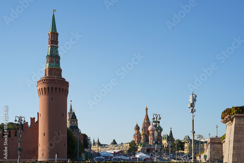 Moscow Kremlin and Saint Basil’s Cathedral - river view on a sunny summer day