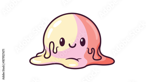 A cartoon blob with a face, divided into yellow, pink, and red sections, sits on a white background with a slight frown.
