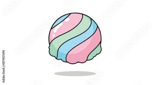 A colorful, cartoon-style illustration of a swirly dessert with pink, blue, and green stripes on a white background with a shadow.