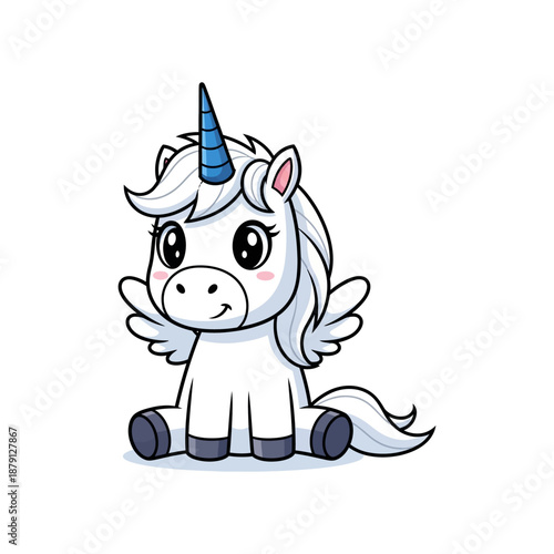 Cute cartoon unicorn with blue horn and wings smiling sweetly
