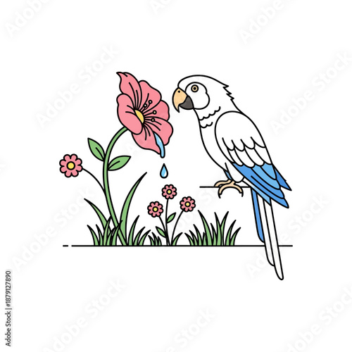 Colorful parrot smelling pink flower in garden with green grass
