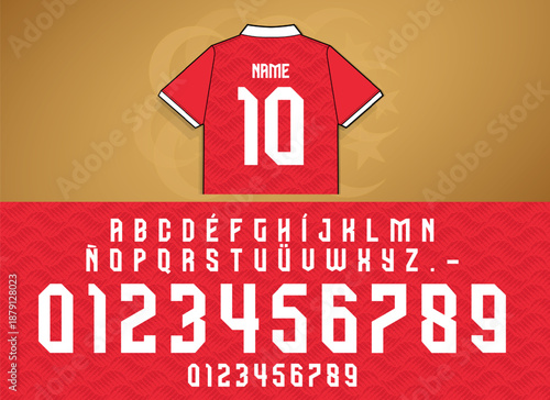 Tunisia font, sports jersey number font with sharp geometric curves and bold proportions, optimized for football kits, fashion graphics and apparel mockups. Editable outlines for print