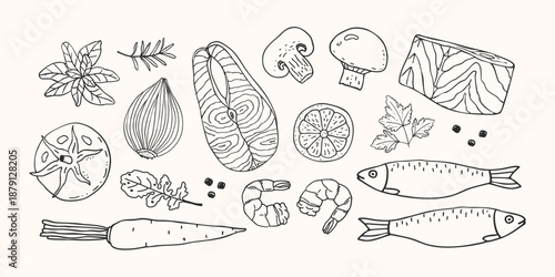 Hand drawn seafood and vegetables line art set with salmon steak, sardines, shrimp, herbs, tomato, carrot, onion, lemon on white background healthy cooking ingredients collection for menu, packaging, 