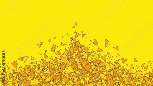 Dynamic illustration of vibrant triangles exploding from the bottom edge, creating an energetic scene on a bright yellow background from a straight-on viewpoint