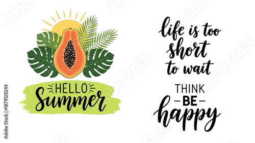 Vibrant summer illustration with papaya and leaves, inspiring happiness and positivity