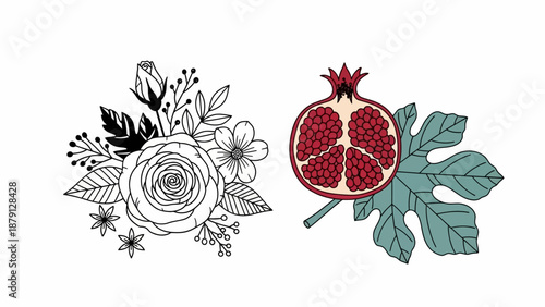 Illustration of a rose bouquet and pomegranate, symbolizing abundance and beauty in a simple, elegant design with floral and fruit elements.