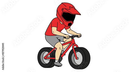 A young boy riding a red bicycle wearing a helmet and red shirt, depicted in a simple illustration style