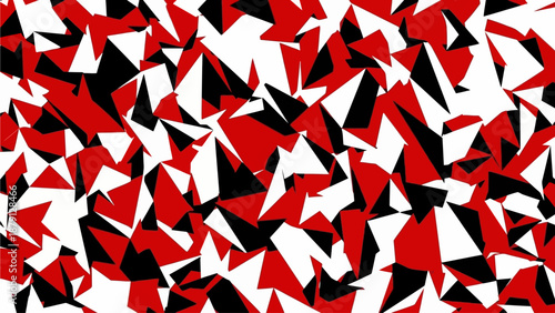 Abstract geometric shapes in red and black scattered randomly across a fragmented background from a top-down viewpoint