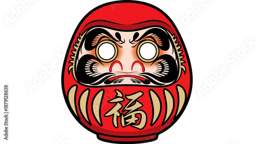 Front view of a Daruma doll with a red and gold design symbolizing good luck and perseverance in a cultural setting