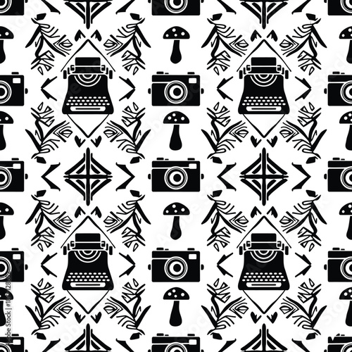 Creative pattern featuring cameras typewriters and mushrooms