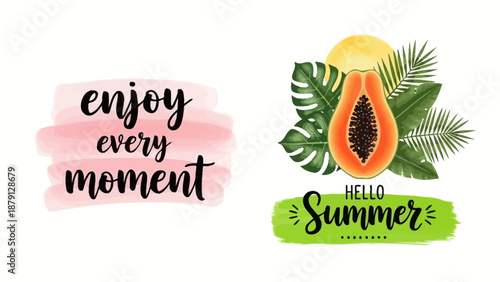 Vibrant Tropical Summer Illustration with Papaya and Leaves, Enjoying Every Moment