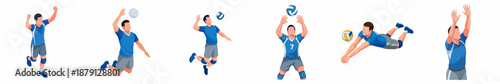 Simple Flat Style Young Player Different Action Poses Volleyball Illustration
