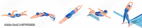 Illustrated Swimming Technique Sequence Various Poses Preparation and Recreation Sport Activity