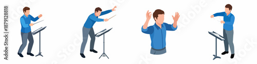 Flat Isometric Orchestra Conductor Directing with Batons Performance Illustration Set