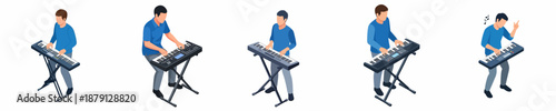 Isometric Flat Character Set Young Man Playing Musical Keyboard Synthesizer