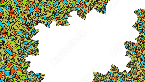 Vibrant abstract shapes forming a circular frame with colorful patterns and textures