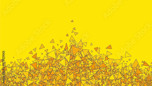 Vibrant geometric shapes exploding from the bottom edge, filling the frame with dynamic, triangular fragments in shades of orange and yellow, captured from a straight-on viewpoint.