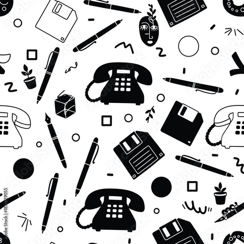 Black and white office supplies seamless  pattern with telephone and floppy disk