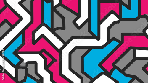 Geometric pattern featuring zigzag shapes in pink, blue, white, and gray tones from a direct viewpoint