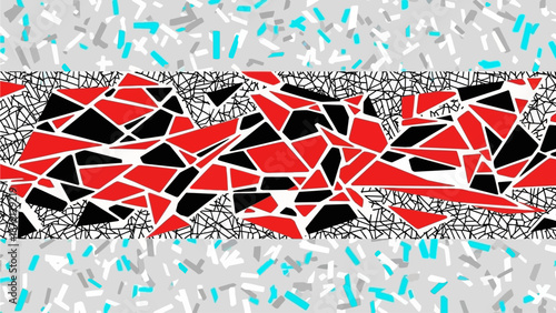 Abstract geometric pattern with fractured shapes and vibrant colors in a dynamic composition viewed from a straight-on perspective