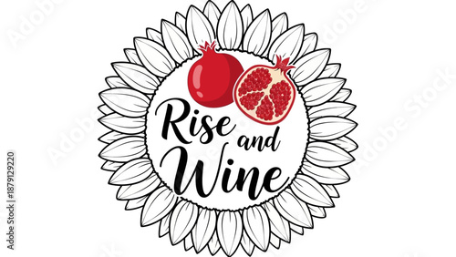 Fruit and Floral Illustration Featuring Pomegranate and Wine in a Circular Design