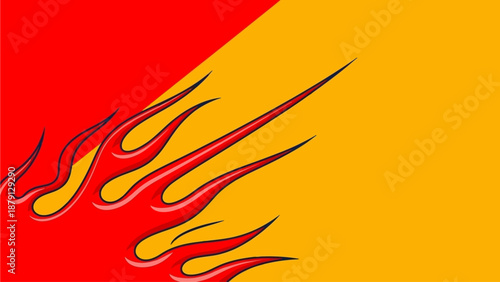 Fiery flames illustration on a divided red and yellow background from a direct viewpoint