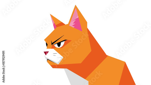An illustrated orange cat with a stern expression viewed from the side, showcasing its geometric features and vibrant color.