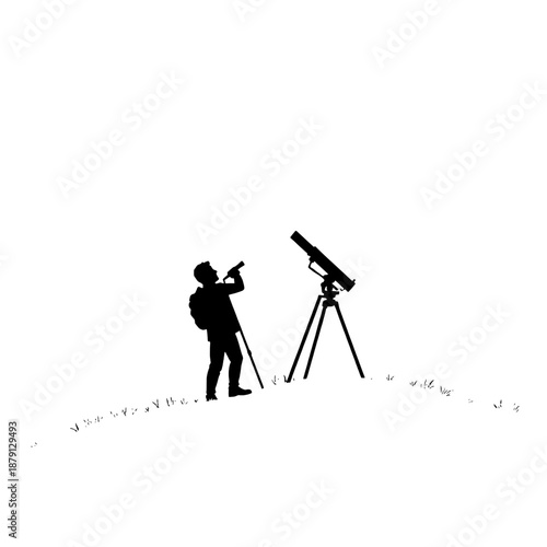Astronomer with Telescope on Hill Silhouette