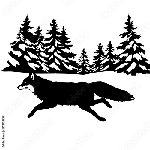 Fox Silhouette Running Through Snow Covered Forest