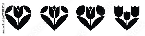 Spring Floral Heart Silhouette Vector Set – Tulip Flower in Heart Shape Illustration, Romantic Botanical Clipart, Black Nature Design for Love, Wedding, and Seasonal Art