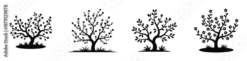 Spring Blossom Tree Silhouette Vector Set – Floral Blooming Trees Illustration, Nature Black Silhouette Clipart, Seasonal Decorative Plant Design for Spring and Garden Art