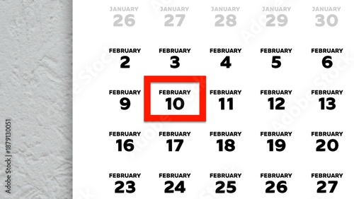 Принти на полотні Close-up of the date February 10th marked with a red cursor on the wall calendar