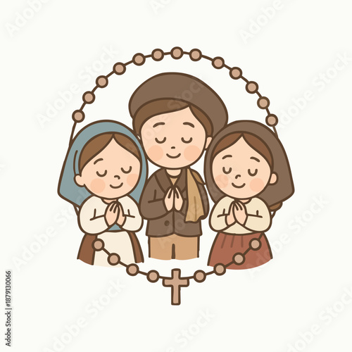 Three Little Shepherds of Fatima in Prayer – Cartoon Vector Illustration