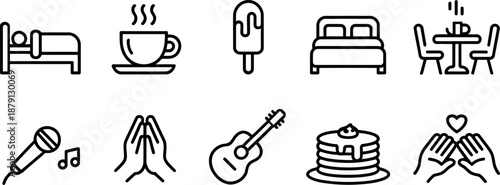 A collection of simple line art icons representing various everyday activities and leisure pursuits for graphic design projects