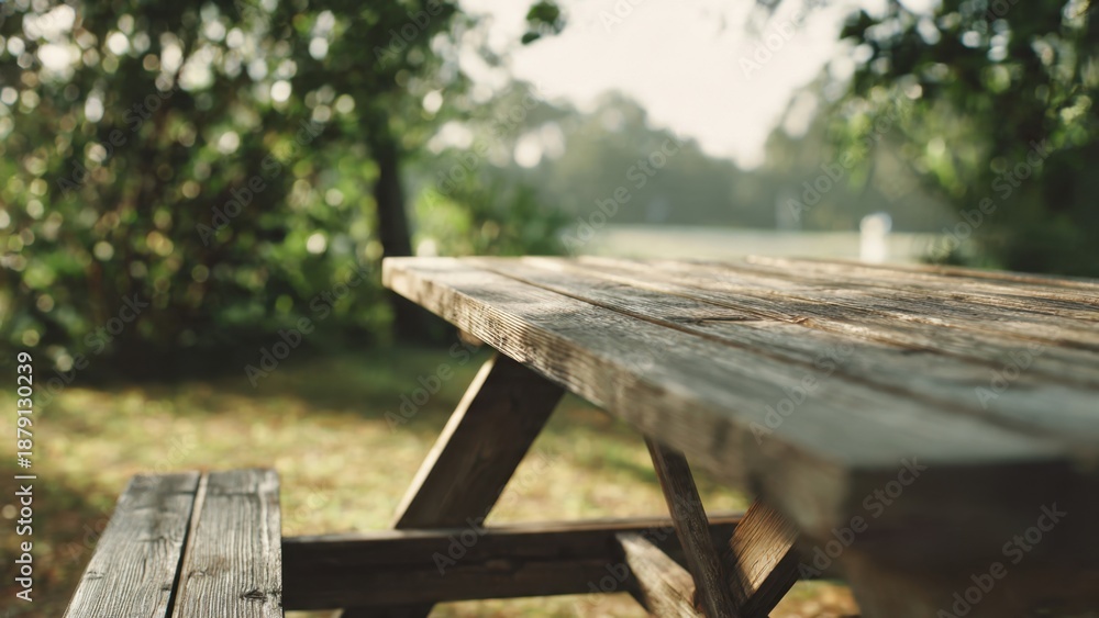 Fototapeta premium Rustic picnic table in a serene park setting