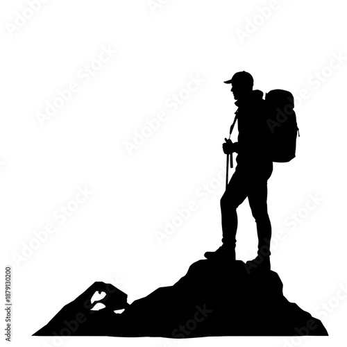 Mountain Climber Silhouette with Backpack on Peak
